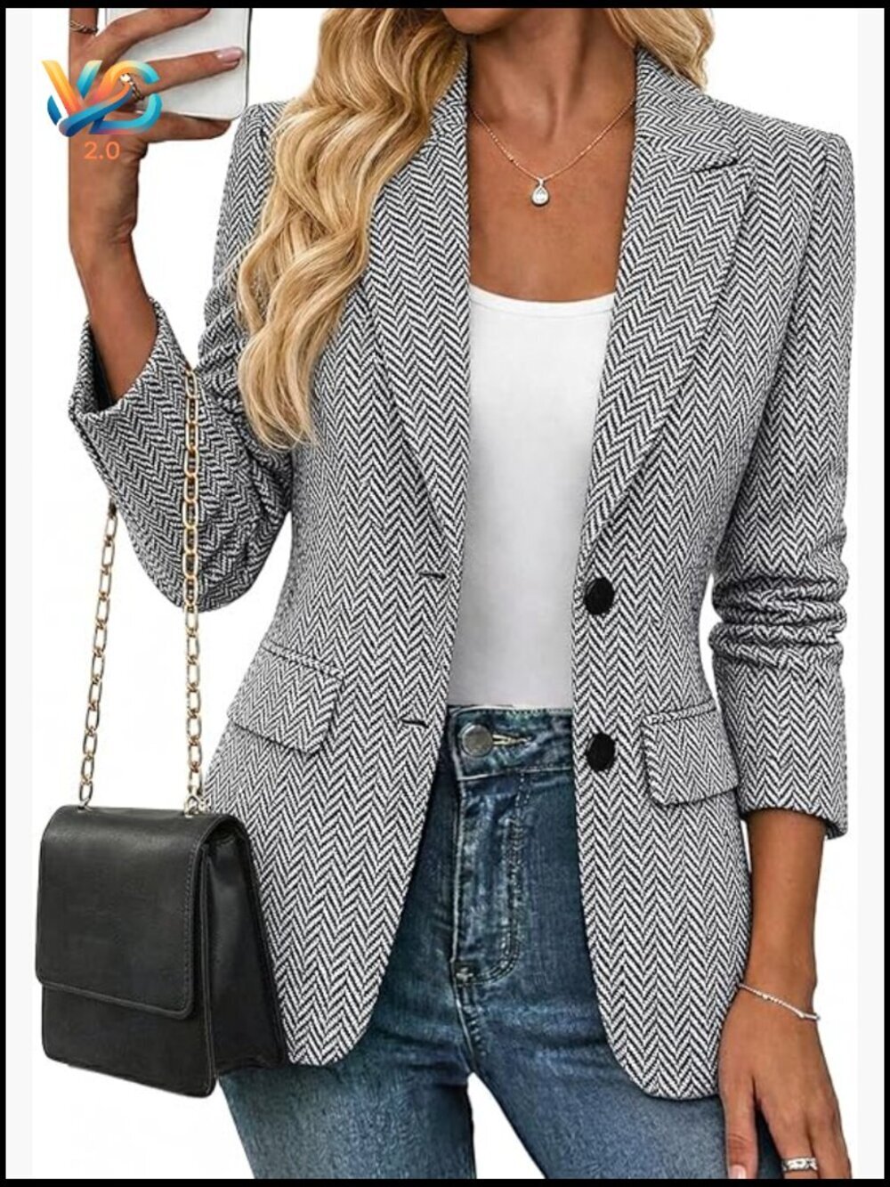 Herringbone Tweed Blazer Open Front Lined Casual Work Office Jacket